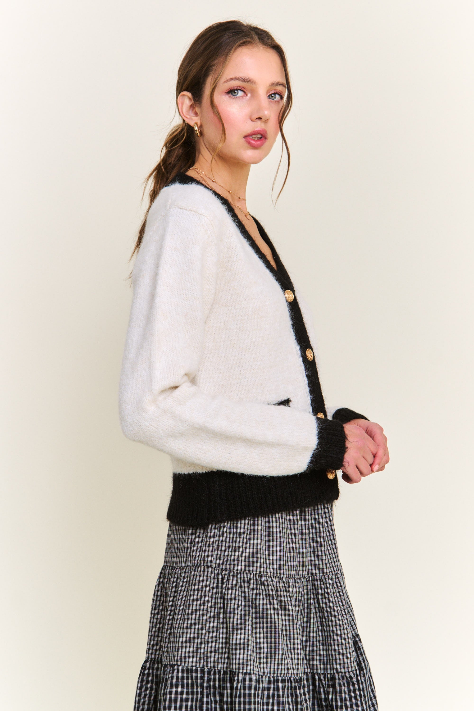 Contrast Knit Button Cardigan