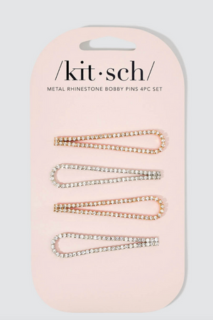 KITSCH - Metal Rhinestone Drop Bobby Pins 4pc Set - Gold/Silver