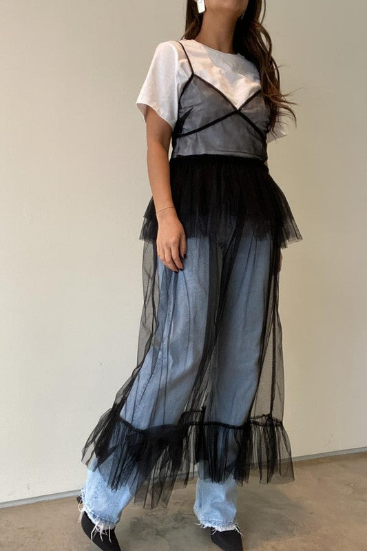 Sheer Tulle Ruffle Maxi Dress