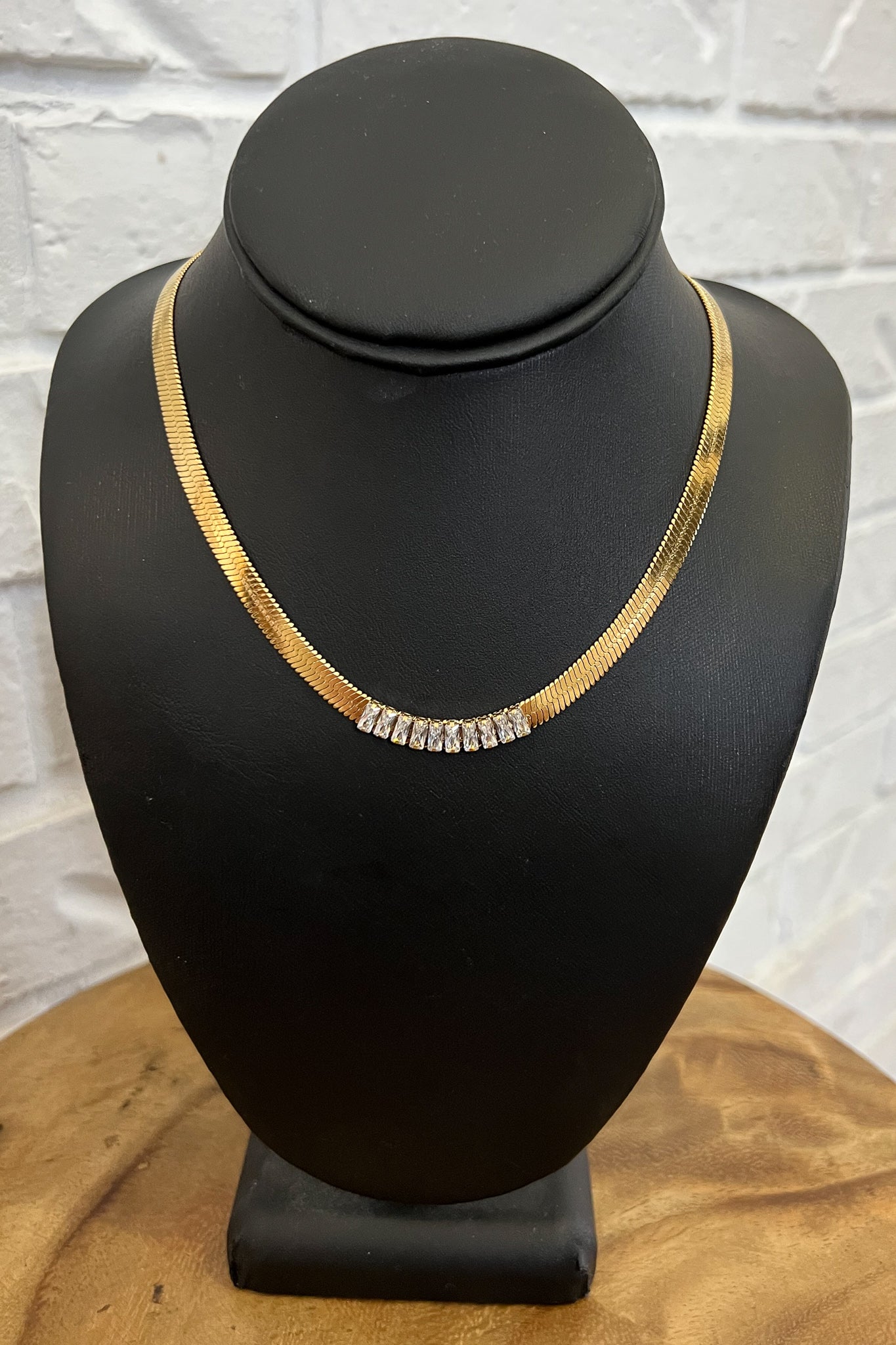 18K White Stone Herringbone Necklace